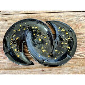Vintage MCM Black/Gold Ceramic HUGE ashtray Boomerang Atomic  14x9"